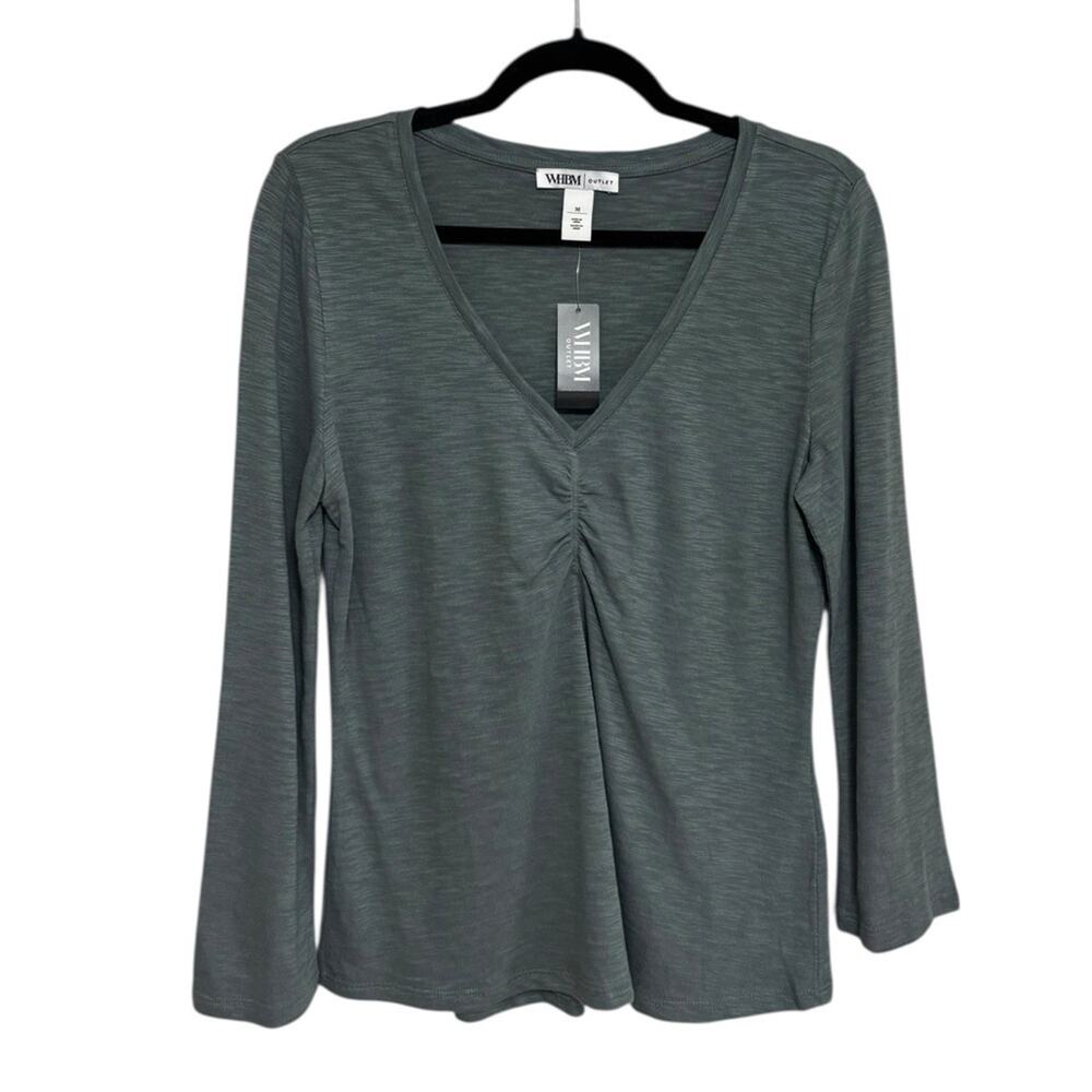 NEW WHBM Outlet Bracelet Sleeve Cotton Viscose V-Neck Tee in Green - Size M